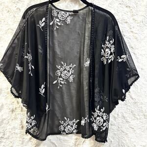 I JOAH OS Black Sheer Embroider Floral Open Shrug Boho Coquette Fairy Dainty